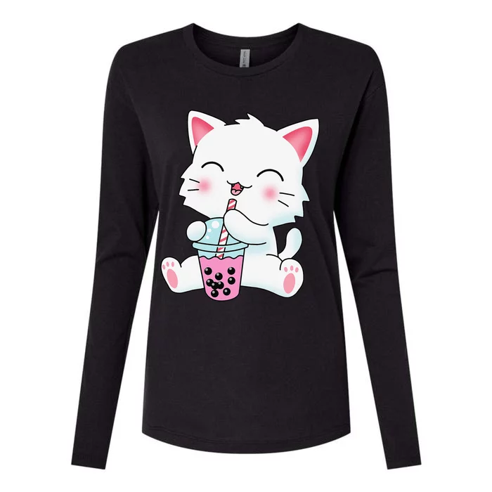 Cute Kawaii Bubble Tea Tshirt Boba Milk Tea Anime Cat Womens Cotton Relaxed Long Sleeve T-Shirt