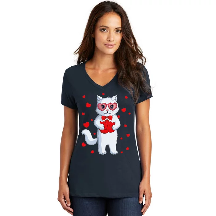 Cute Kawaii Cat Heart Valentines Day Kitten Women's V-Neck T-Shirt