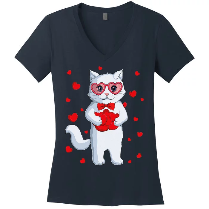 Cute Kawaii Cat Heart Valentines Day Kitten Women's V-Neck T-Shirt