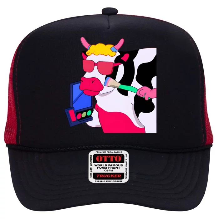 Cute Kawaii Cow Wearing Makeup Funny Cow Lover Cow Woman Makeup Lover High Crown Mesh Trucker Hat