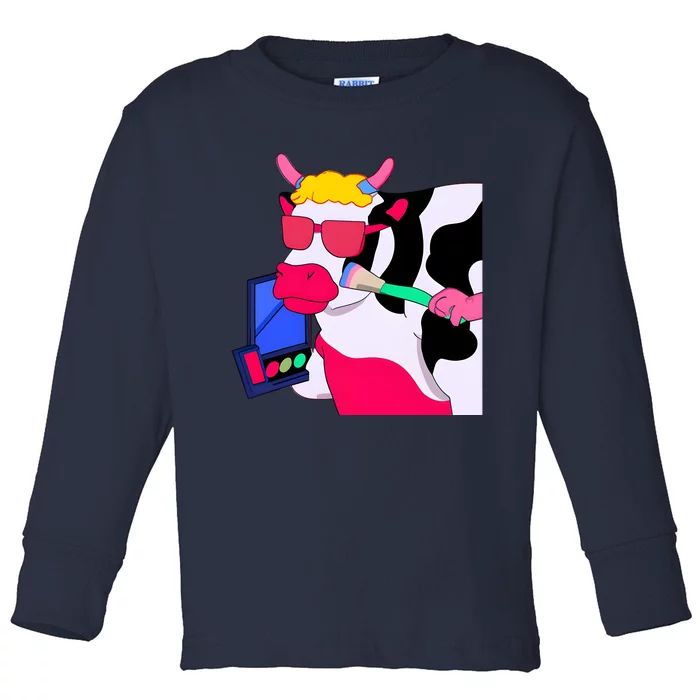 Cute Kawaii Cow Wearing Makeup Funny Cow Lover Cow Woman Makeup Lover Toddler Long Sleeve Shirt