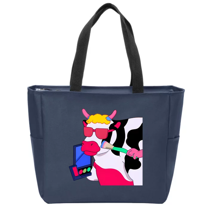 Cute Kawaii Cow Wearing Makeup Funny Cow Lover Cow Woman Makeup Lover Zip Tote Bag