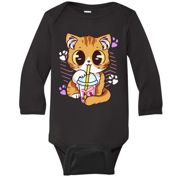 Cute Kawaii Cat Boba Bubble Milk Tea Anime Neko Kitten Baby Long Sleeve Bodysuit