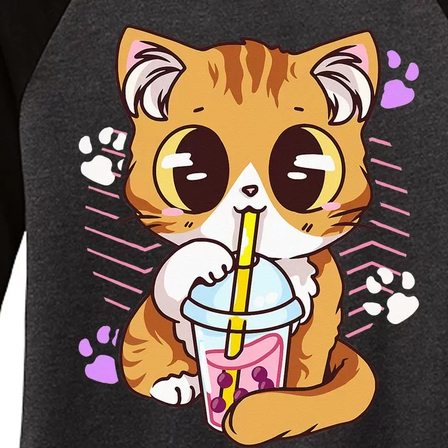 Cute Kawaii Cat Boba Bubble Milk Tea Anime Neko Kitten Women's Tri-Blend 3/4-Sleeve Raglan Shirt