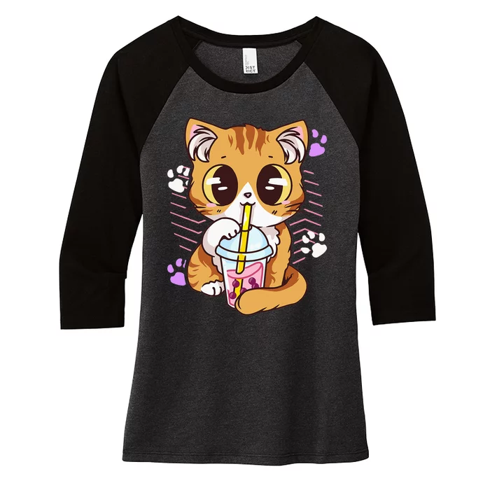 Cute Kawaii Cat Boba Bubble Milk Tea Anime Neko Kitten Women's Tri-Blend 3/4-Sleeve Raglan Shirt