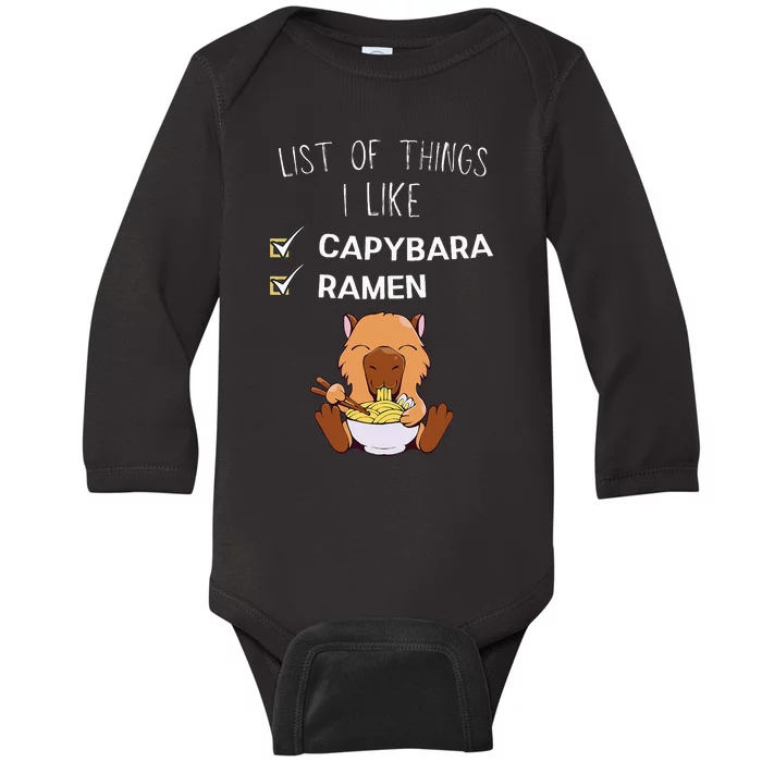 Cute Kawaii Capybara List Of Things I Like Ramen Lover Baby Long Sleeve Bodysuit