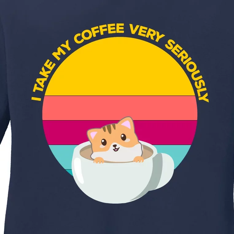 Cute Kawaii Cat In A Coffee Cup Funny Coffee Puns Retro Sunset Cat Lover Ladies Long Sleeve Shirt