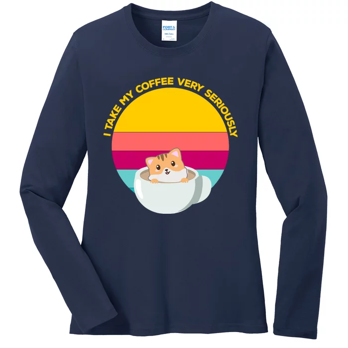 Cute Kawaii Cat In A Coffee Cup Funny Coffee Puns Retro Sunset Cat Lover Ladies Long Sleeve Shirt