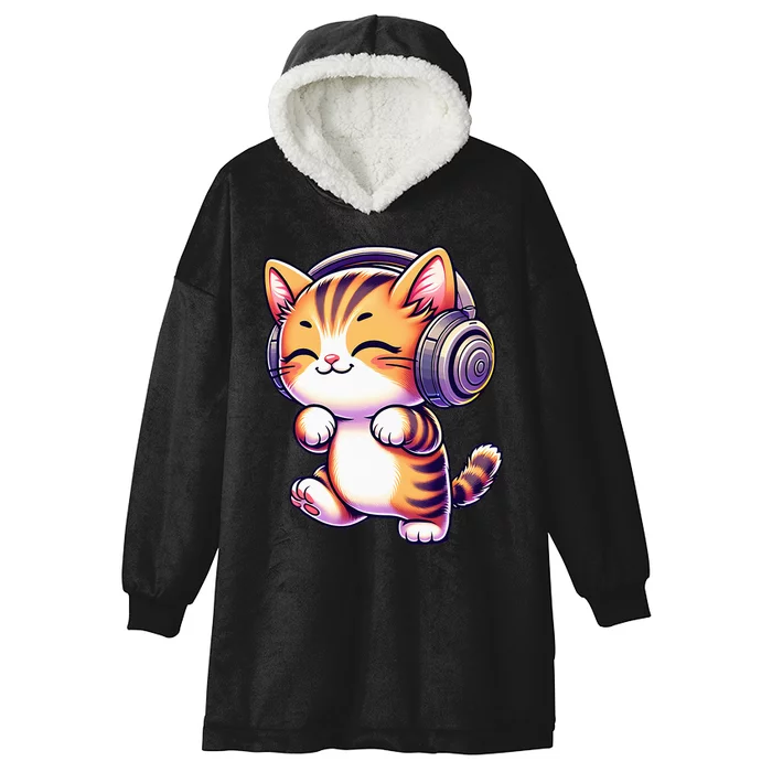 Cute Kitten Cat Music Lovers I Love Cats I Love Music Hooded Wearable Blanket