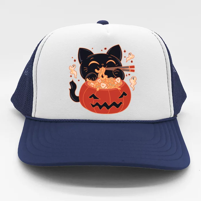 Creepy Kawaii Cat Eating Worms Ramen Noodles Halloween Kids Trucker Hat