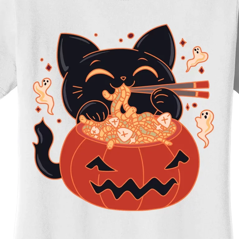 Creepy Kawaii Cat Eating Worms Ramen Noodles Halloween Kids Women's T-Shirt