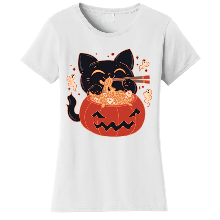 Creepy Kawaii Cat Eating Worms Ramen Noodles Halloween Kids Women's T-Shirt