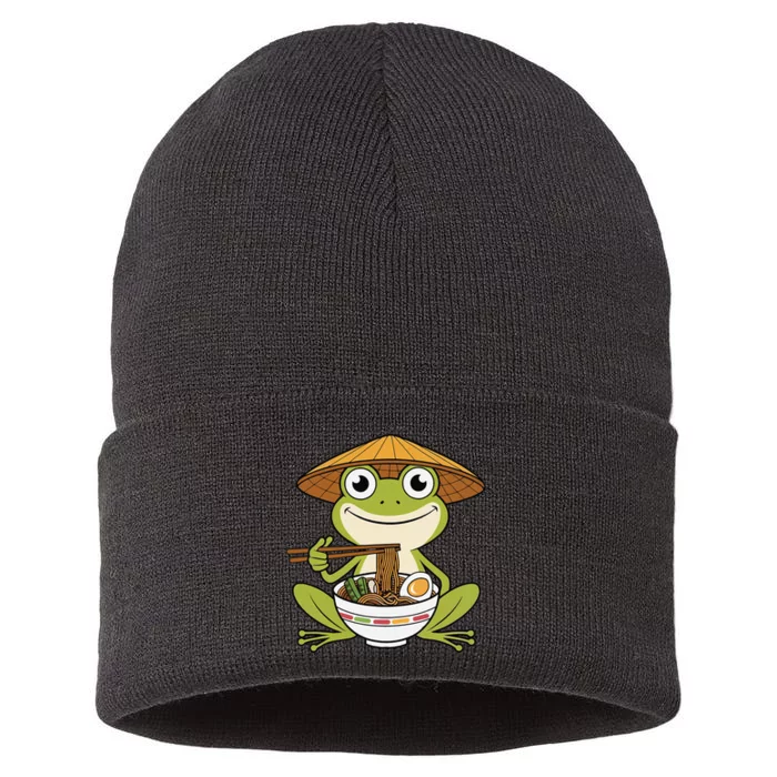 Cute Kawaii Frog Eating Noodles In Ramen Bowl Sustainable Knit Beanie