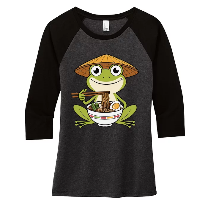 Cute Kawaii Frog Eating Noodles In Ramen Bowl Women's Tri-Blend 3/4-Sleeve Raglan Shirt