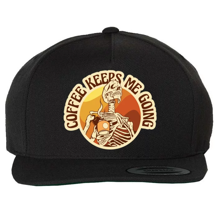 Coffee Keeps Me Going Skeleton Retro Sunset Wool Snapback Cap