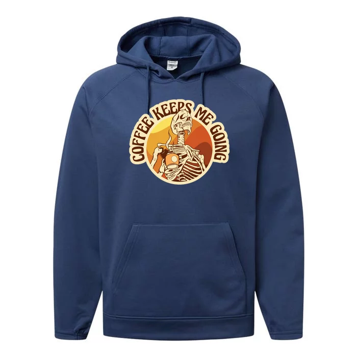 Coffee Keeps Me Going Skeleton Retro Sunset Performance Fleece Hoodie