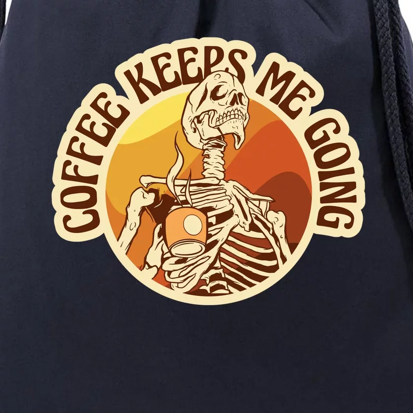 Coffee Keeps Me Going Skeleton Retro Sunset Drawstring Bag