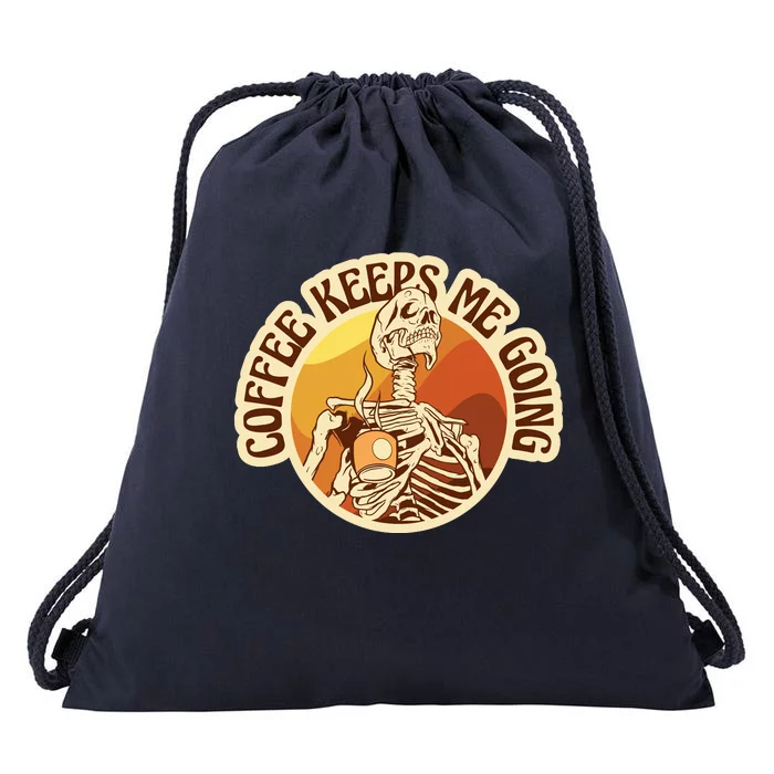 Coffee Keeps Me Going Skeleton Retro Sunset Drawstring Bag