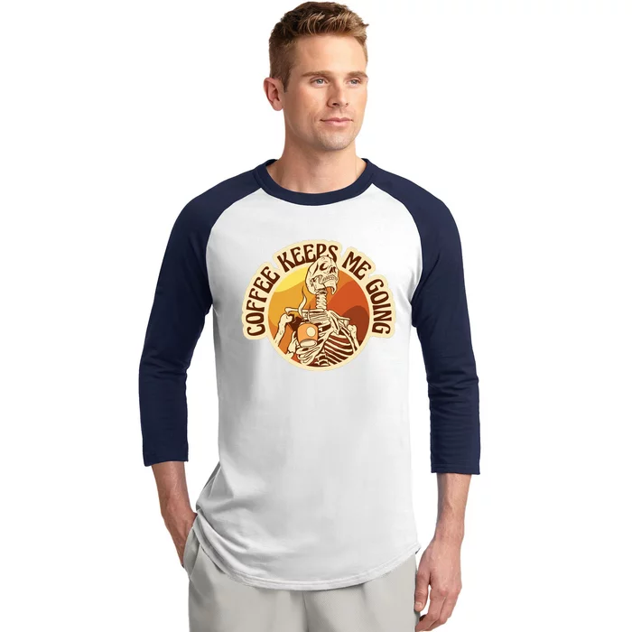 Coffee Keeps Me Going Skeleton Retro Sunset Baseball Sleeve Shirt