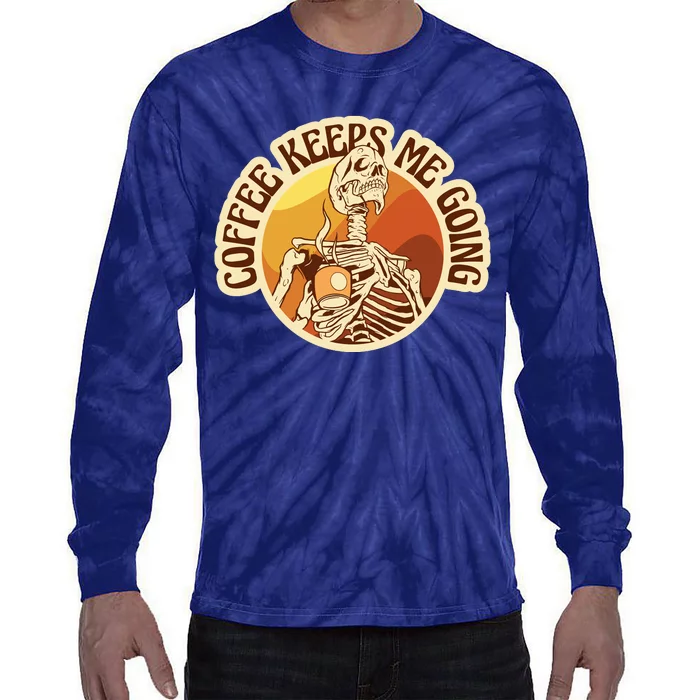 Coffee Keeps Me Going Skeleton Retro Sunset Tie-Dye Long Sleeve Shirt