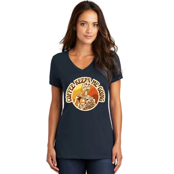 Coffee Keeps Me Going Skeleton Retro Sunset Women's V-Neck T-Shirt