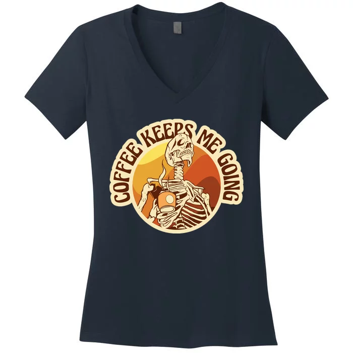 Coffee Keeps Me Going Skeleton Retro Sunset Women's V-Neck T-Shirt