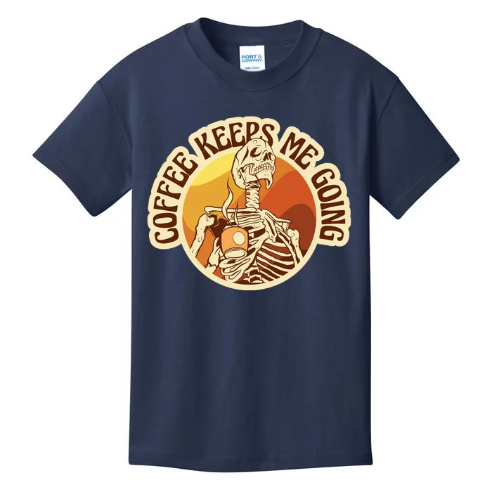 Coffee Keeps Me Going Skeleton Retro Sunset Kids T-Shirt