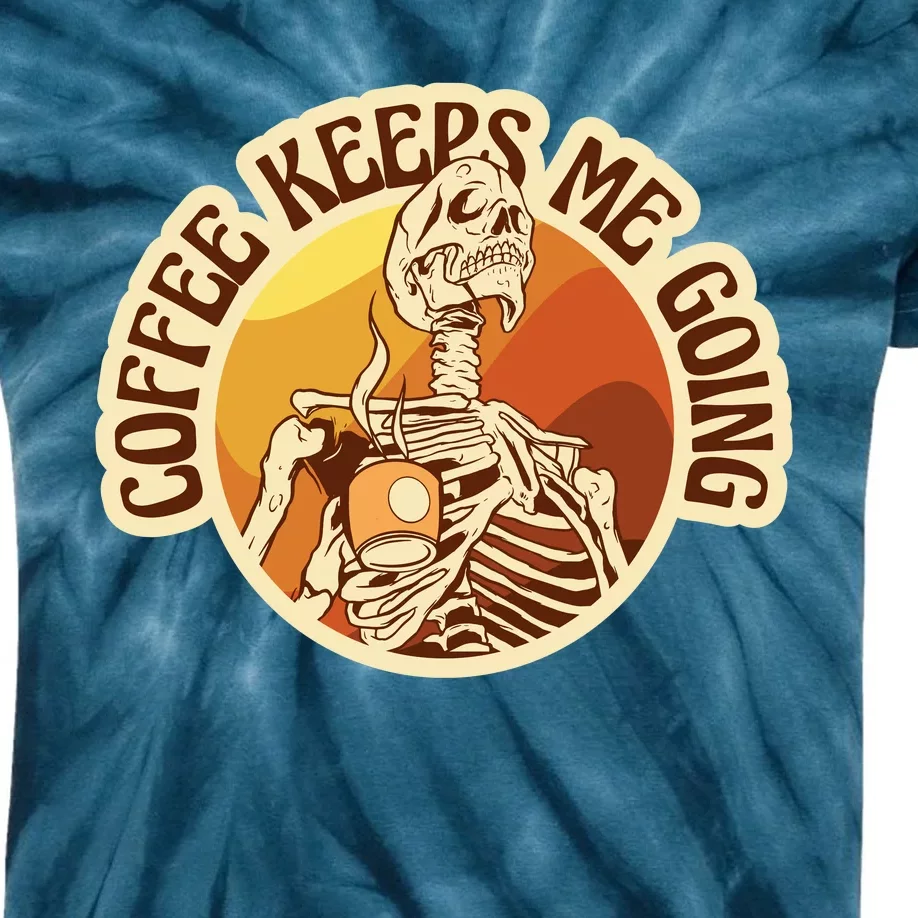 Coffee Keeps Me Going Skeleton Retro Sunset Kids Tie-Dye T-Shirt