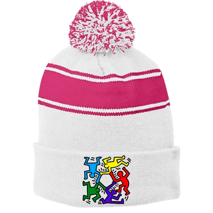 Colorful Keith Music Dancing Fans Stripe Pom Pom Beanie