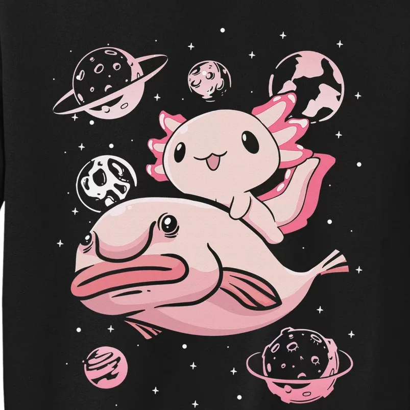 Cute Kawaii Pink Axolotl Riding A Blobfish Funny Axolotls Tall Sweatshirt