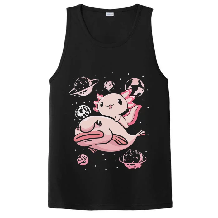 Cute Kawaii Pink Axolotl Riding A Blobfish Funny Axolotls Performance Tank