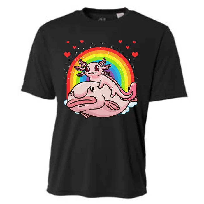 Cute Kawaii Pink Axolotl Riding A Blobfish Funny Axolotls Cooling Performance Crew T-Shirt