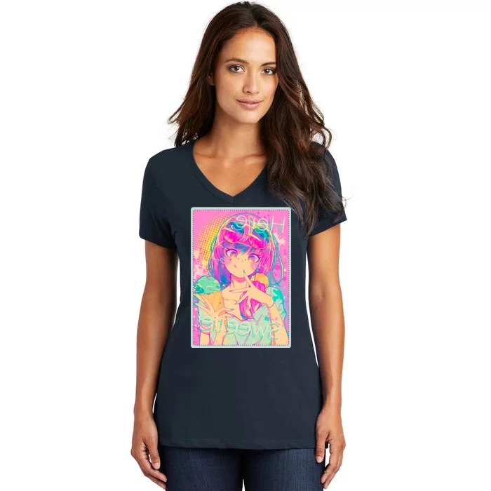 Cute Kawaii Pastel Anime Girl Pop Art Poster Women's V-Neck T-Shirt