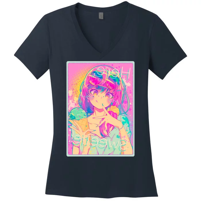 Cute Kawaii Pastel Anime Girl Pop Art Poster Women's V-Neck T-Shirt