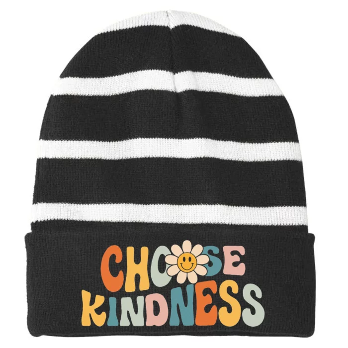 Choose Kindness Retro Groovy Daisy Be Kind Inspirational Striped Beanie with Solid Band