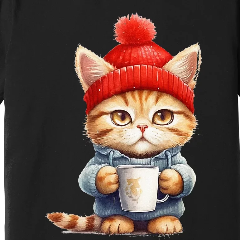 Cute Kitten With Mug Little Cat Coffee Break Premium T-Shirt