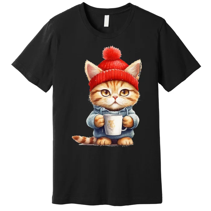 Cute Kitten With Mug Little Cat Coffee Break Premium T-Shirt