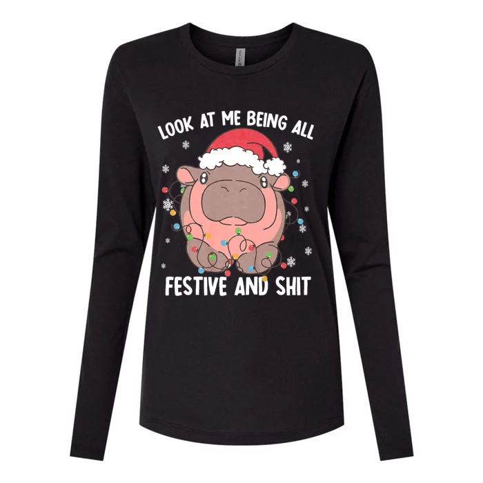 Christmas Look At Me Being All Festive And Shits Moo Deng Womens Cotton Relaxed Long Sleeve T-Shirt