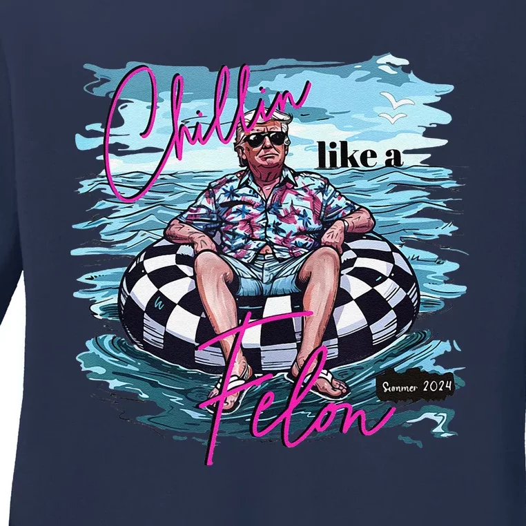 Chillin Like A Felon Retro Pink Summer Funny Trump 2024 Ladies Long Sleeve Shirt