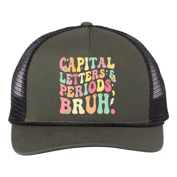 Capital Letters and Periods Bruh Funny Groovy Bruh Teacher Retro Rope Trucker Hat Cap