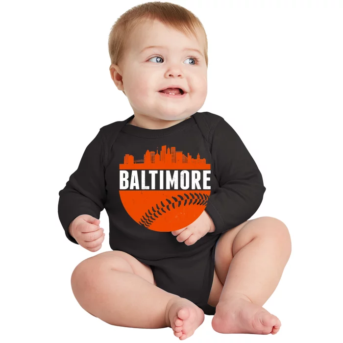 Classic Baltimore Skyline Baseball Baby Long Sleeve Bodysuit