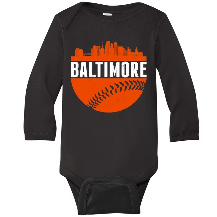 Classic Baltimore Skyline Baseball Baby Long Sleeve Bodysuit