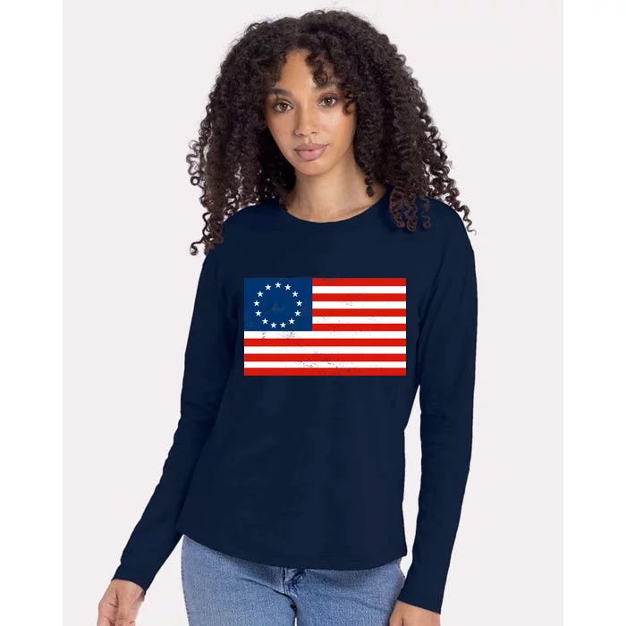 Classic Betsy Ross Flag Distressed Womens Cotton Relaxed Long Sleeve T-Shirt