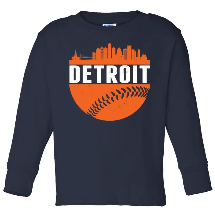 Classic Detroit Skyline Baseball Toddler Long Sleeve Shirt