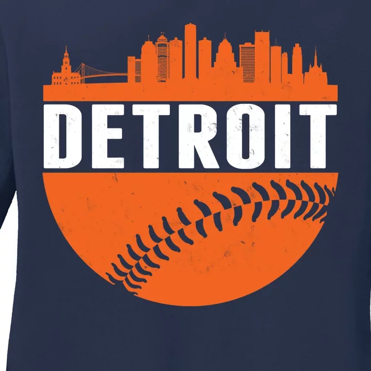 Classic Detroit Skyline Baseball Ladies Long Sleeve Shirt