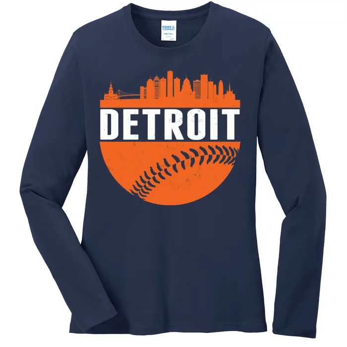 Classic Detroit Skyline Baseball Ladies Long Sleeve Shirt