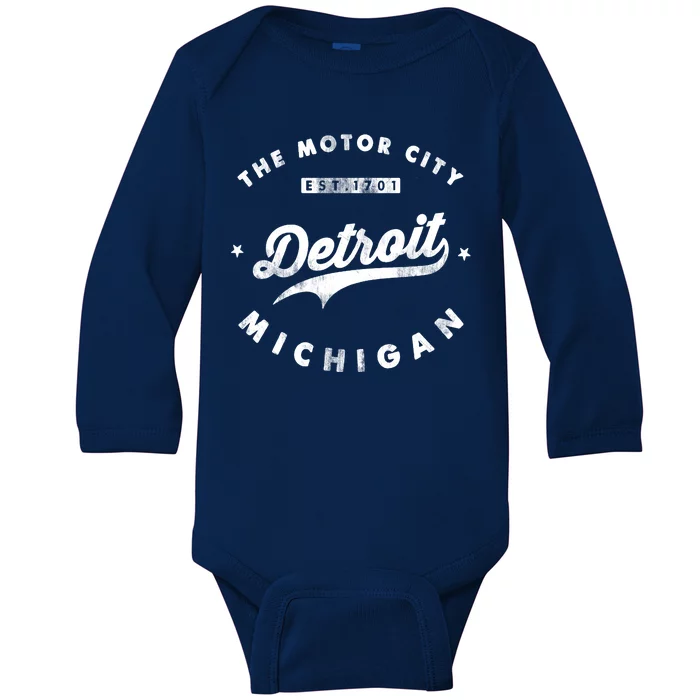 Classic Retro Vintage Detroit Michigan Motor City Baby Long Sleeve Bodysuit