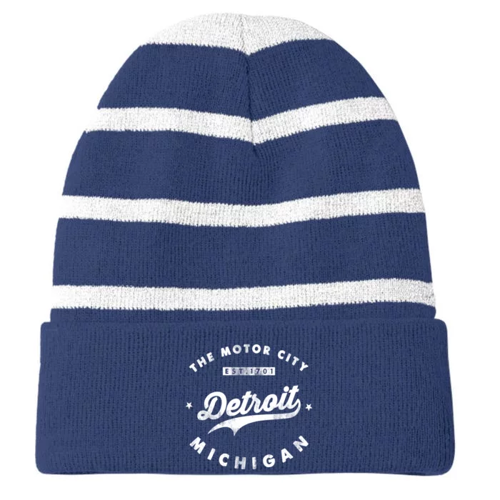 Classic Retro Vintage Detroit Michigan Motor City Striped Beanie with Solid Band