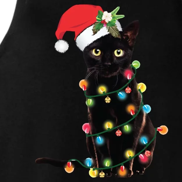 Christmas Lights Black Cat Santa Ladies Tri-Blend Wicking Tank