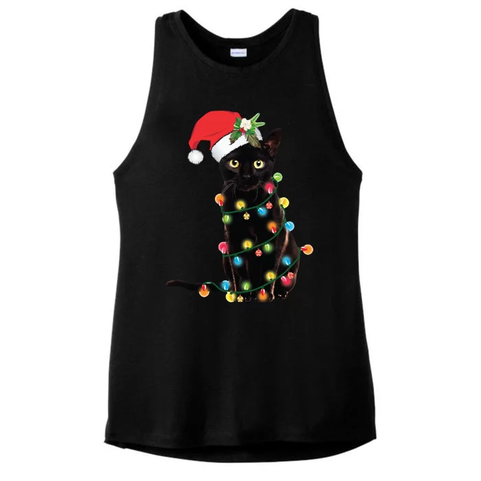 Christmas Lights Black Cat Santa Ladies Tri-Blend Wicking Tank